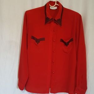 Red button-down with ornate embroidery
